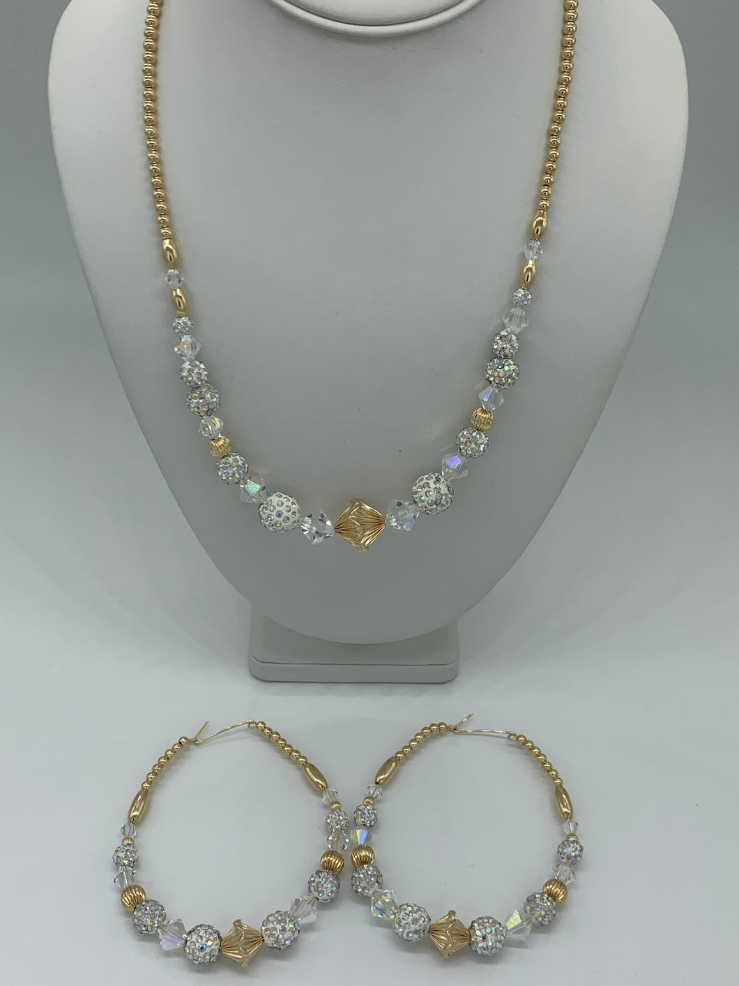 Gold Filled Necklace and Large Earrings Set with Shambella Beads and Crystals
