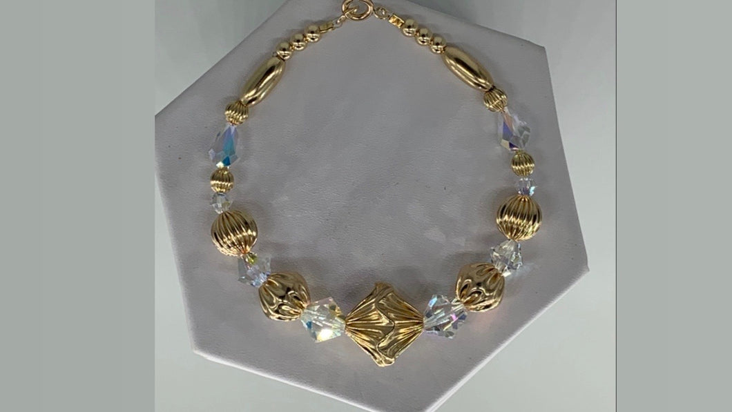 Gold Beaded Bracelet or Anklet with Crystals