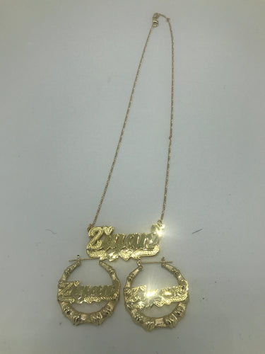 Gold plated Personalized Set 1' Bamboo Earrings w 3d Necklace