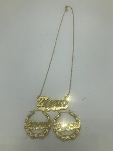 Gold plated Personalized Set 1' Bamboo Earrings w 3d Necklace