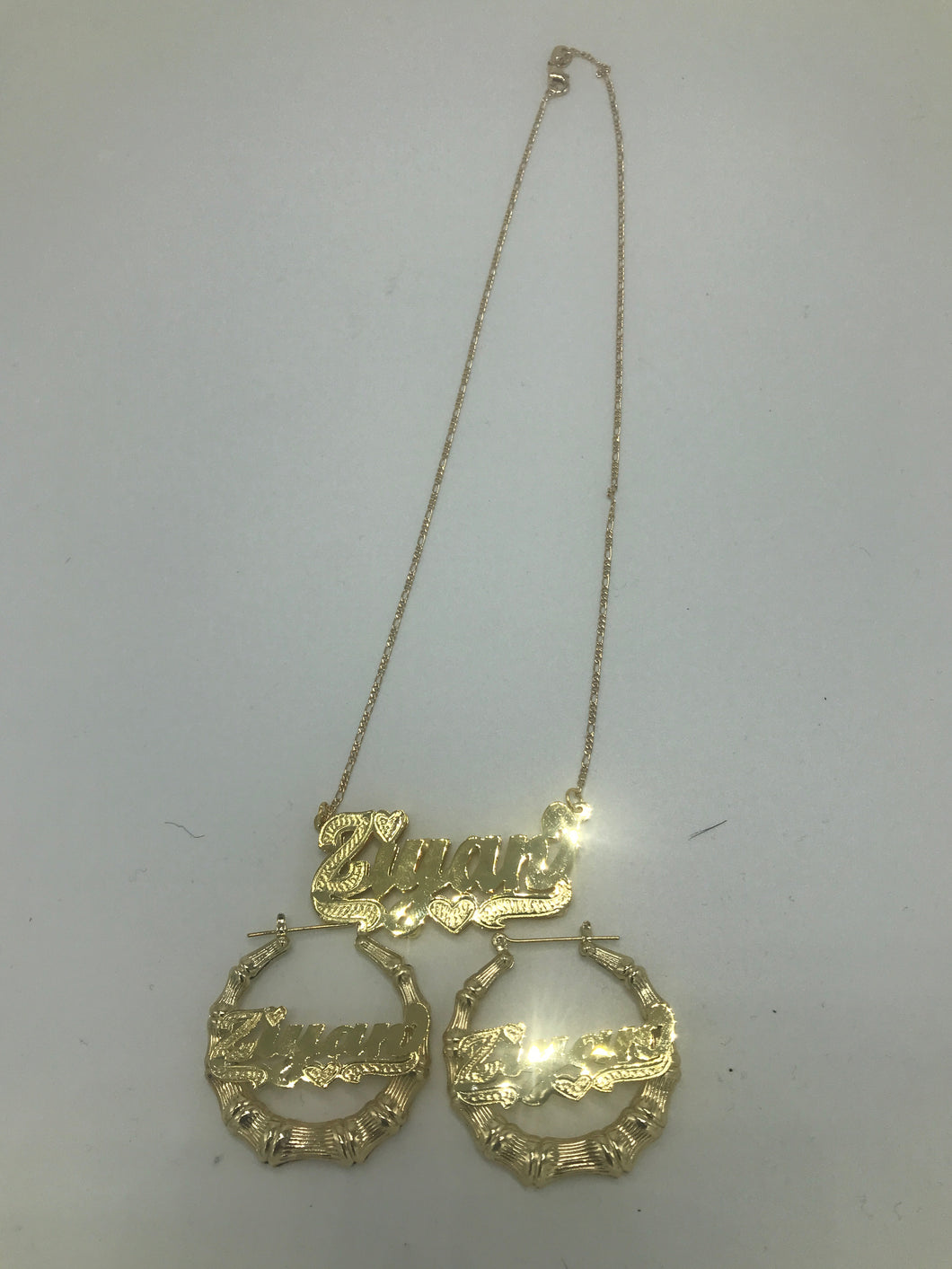 Gold plated Personalized Set 1' Bamboo Earrings w 3d Necklace