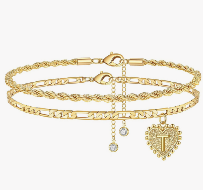 Gold or Silver Initial Heart Anklet combo